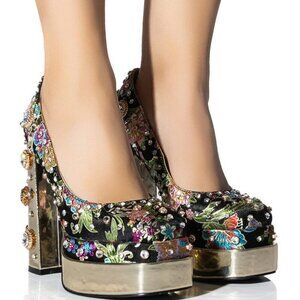 AZALEA WANG " EMBELISHED GEM JEWEL " SATIN PUMP IN BLACK (BRAND NEW!)